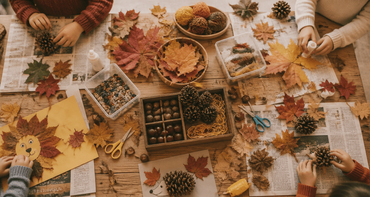 bricolage automne maternelle table feuilles pommes de pin