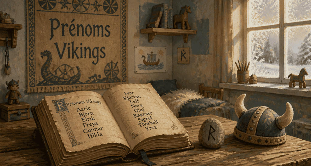 Livre ouvert avec prénoms vikings manuscrits
