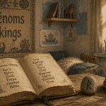 Livre ouvert avec prénoms vikings manuscrits