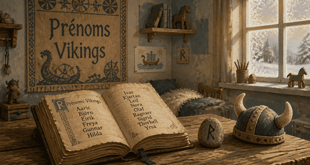 Livre ouvert avec prénoms vikings manuscrits
