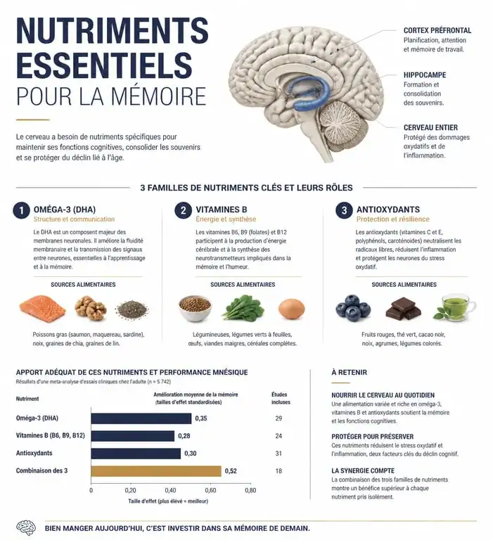 Infographie des nutriments essentiels et aliments bons pour la mémoire et la santé cognitive