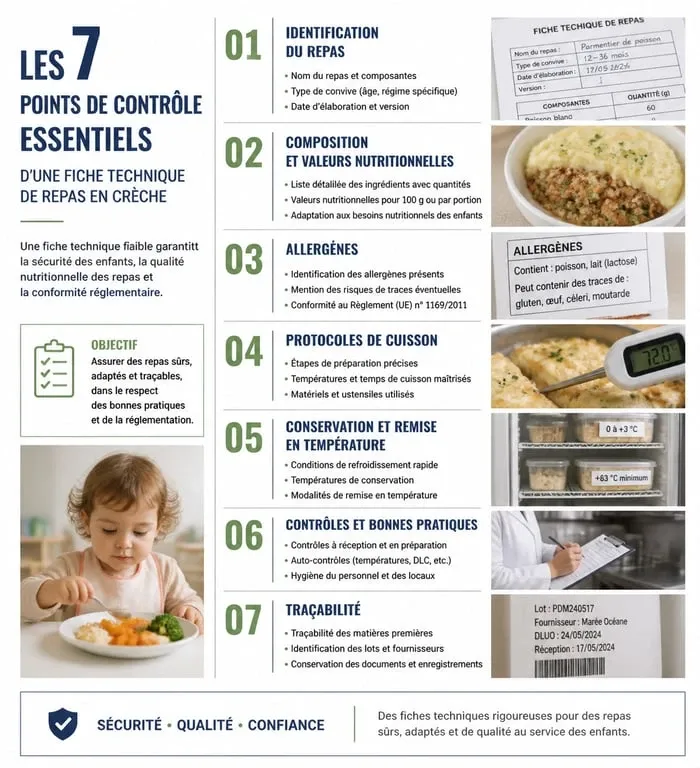 Infographie des 7 points de contrôle pour une fiche technique de repas en crèche conforme