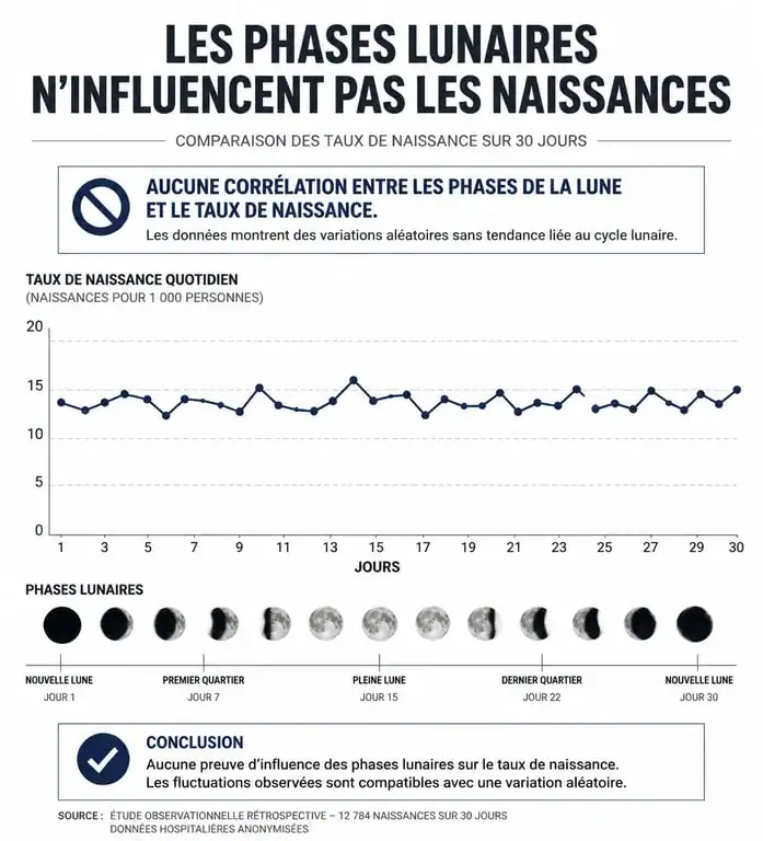 Infographie scientifique comparant les taux de natalité et les phases de la pleine lune pour démontrer l'absence de corrélation.