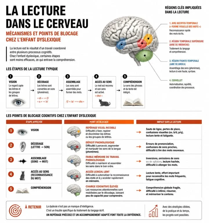 Infographie sur les mécanismes de la dyslexie et les exercices de rééducation