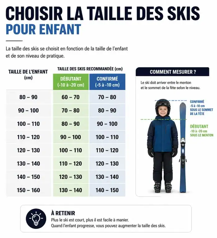 Infographie comparative pour choisir la taille de ski enfant selon la taille et le niveau
