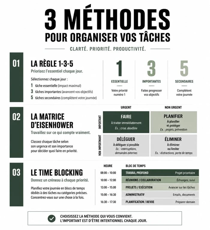 Exemple de to do list : infographie des méthodes 1-3-5, Eisenhower et Time Blocking pour une organisation efficace