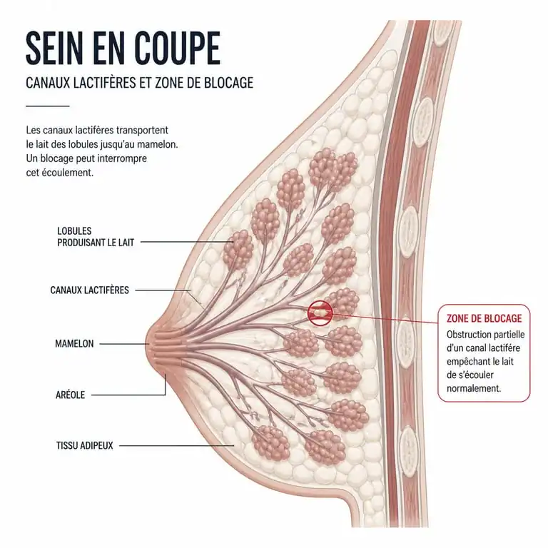 Schéma anatomique du sein illustrant un canal lactifère bouché