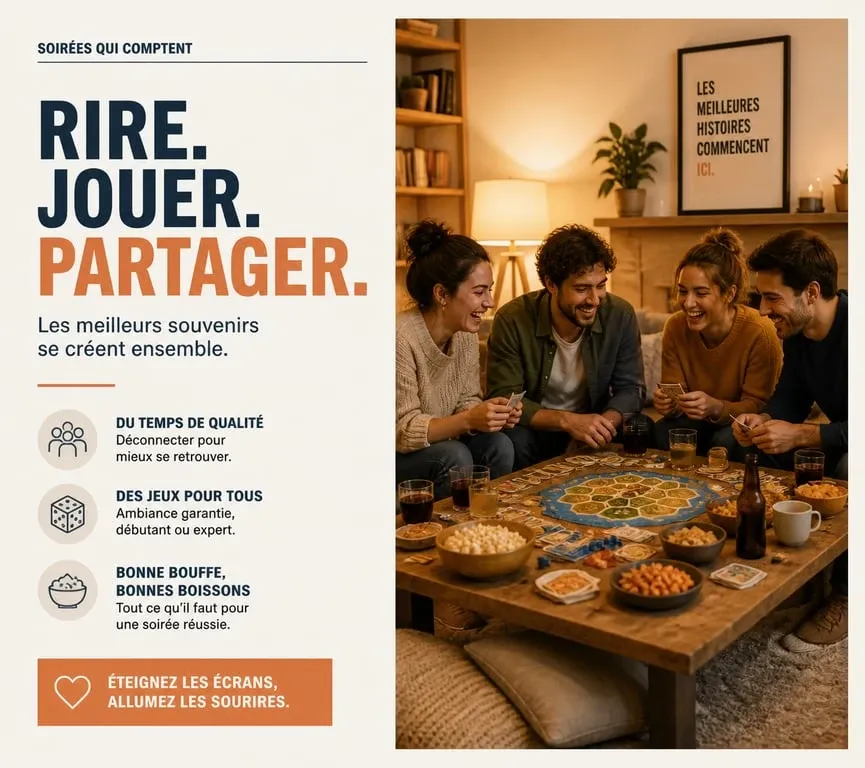 Ambiance conviviale pour un truc à faire entre pote à la maison avec jeux de société et snacks