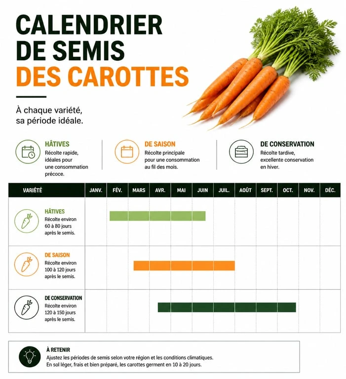 Calendrier de semis des carottes : périodes optimales pour semer les carottes hâtives, de saison et de conservation.