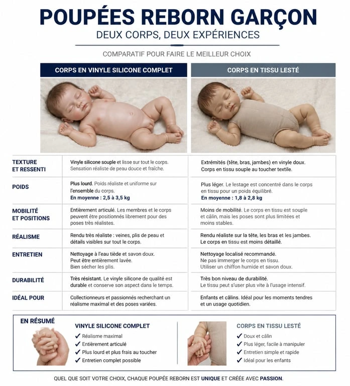 Comparatif des types de bébé reborn garçon : vinyle silicone vs corps en tissu lesté