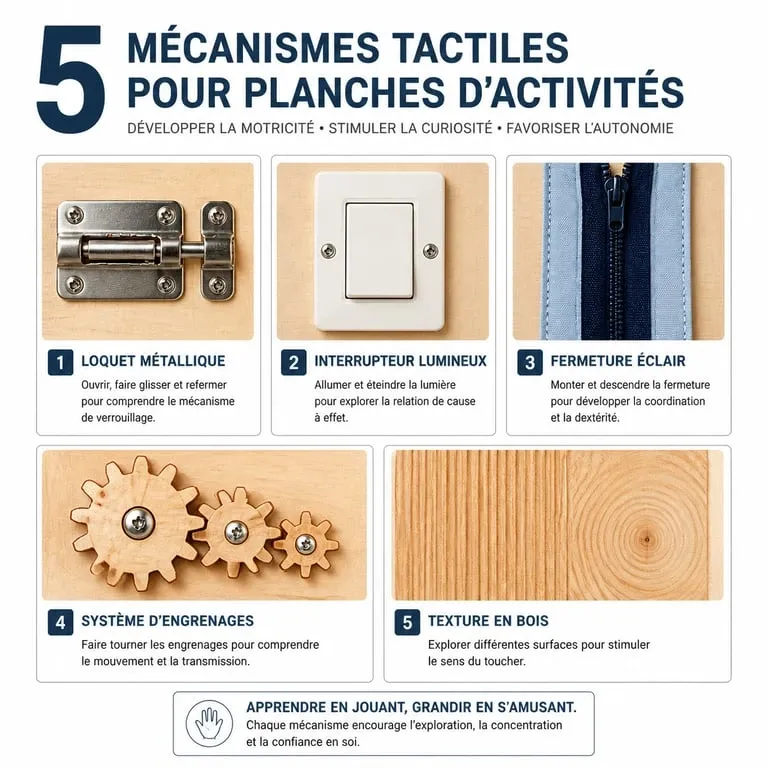 Infographie des 5 modules essentiels d'un tableau Montessori pour le développement de l'enfant