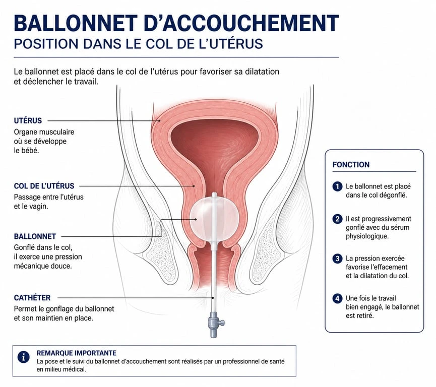 Schéma du fonctionnement du ballonnet d'accouchement pour le déclenchement du travail