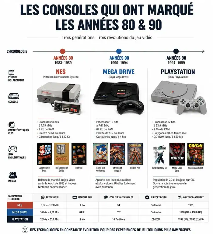 Infographie comparative des consoles de jeux vidéo de l'enfance et leurs jeux cultes