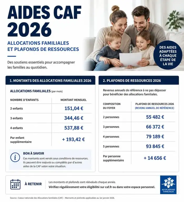 Infographie des montants et plafonds des aides CAF 2026