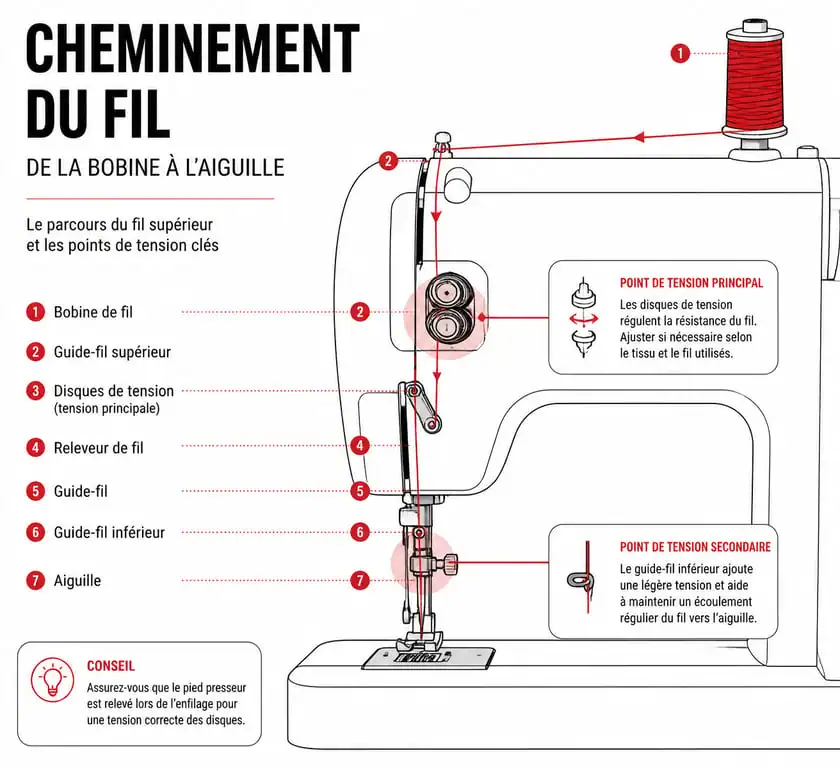 Schéma de l'enfilage d'une machine à coudre Buki pour résoudre les problèmes de couture