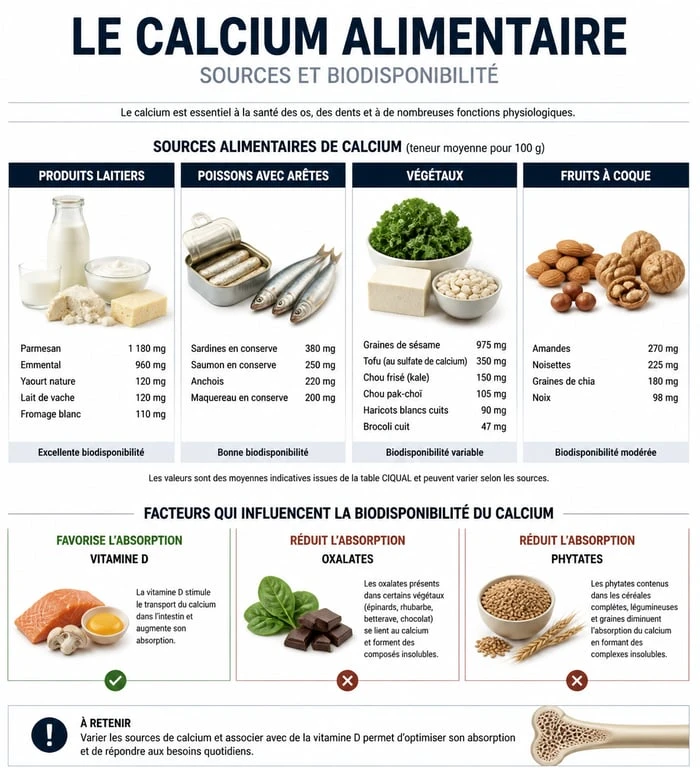 Infographie sur les aliments riches en calcium et les facteurs d'absorption pour une alimentation équilibrée.