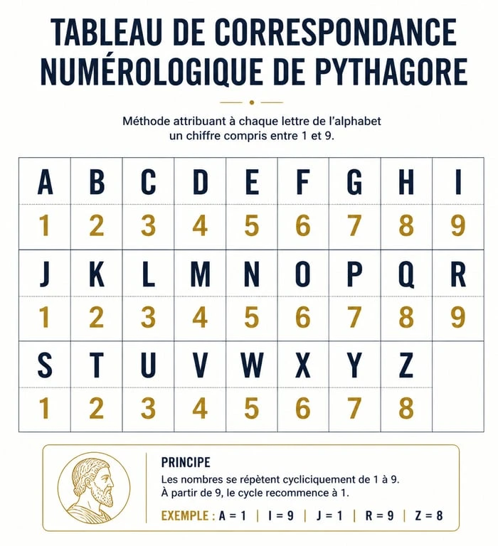 Tableau de correspondance numérologique de Pythagore pour calculer la compatibilité des prénoms
