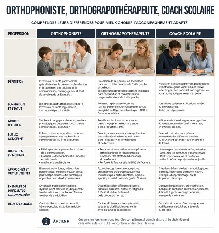 Tableau comparatif des rôles entre orthophoniste, orthographothérapeute et coach scolaire pour aider les parents à choisir le bon accompagnement.