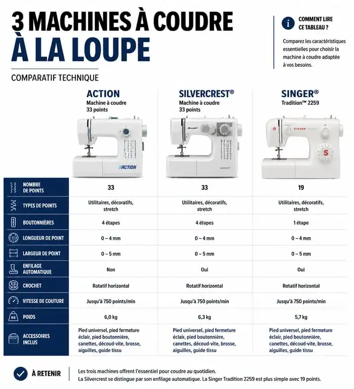 Comparatif des caractéristiques techniques entre la machine à coudre Action, Silvercrest et Singer