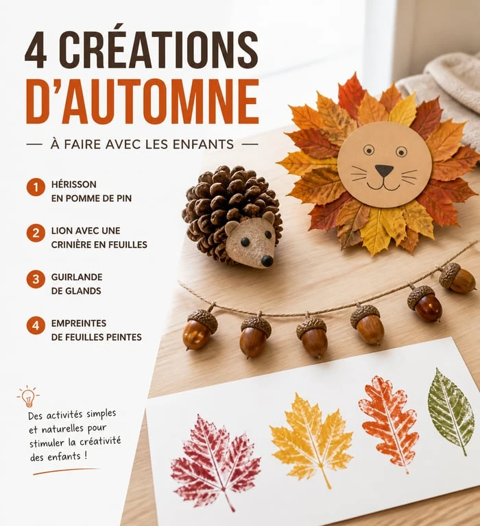 Exemples de bricolage automne maternelle : hérisson, lion en feuilles et guirlande naturelle