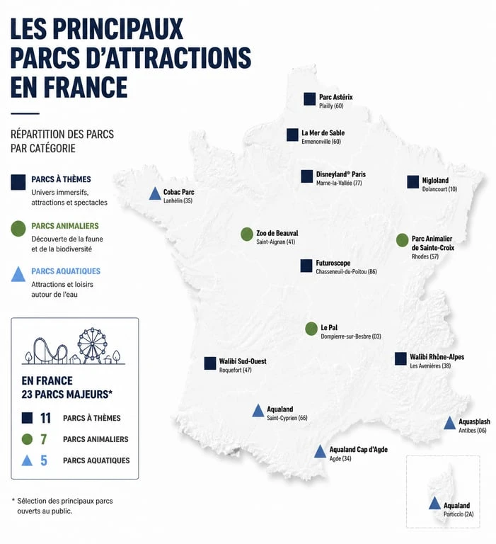 Carte illustrant la répartition des parcs d'attractions en France