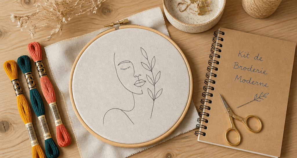kit de broderie moderne motif line art sur table