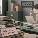 Scène bureau état civil avec dossiers prénoms les plus moches