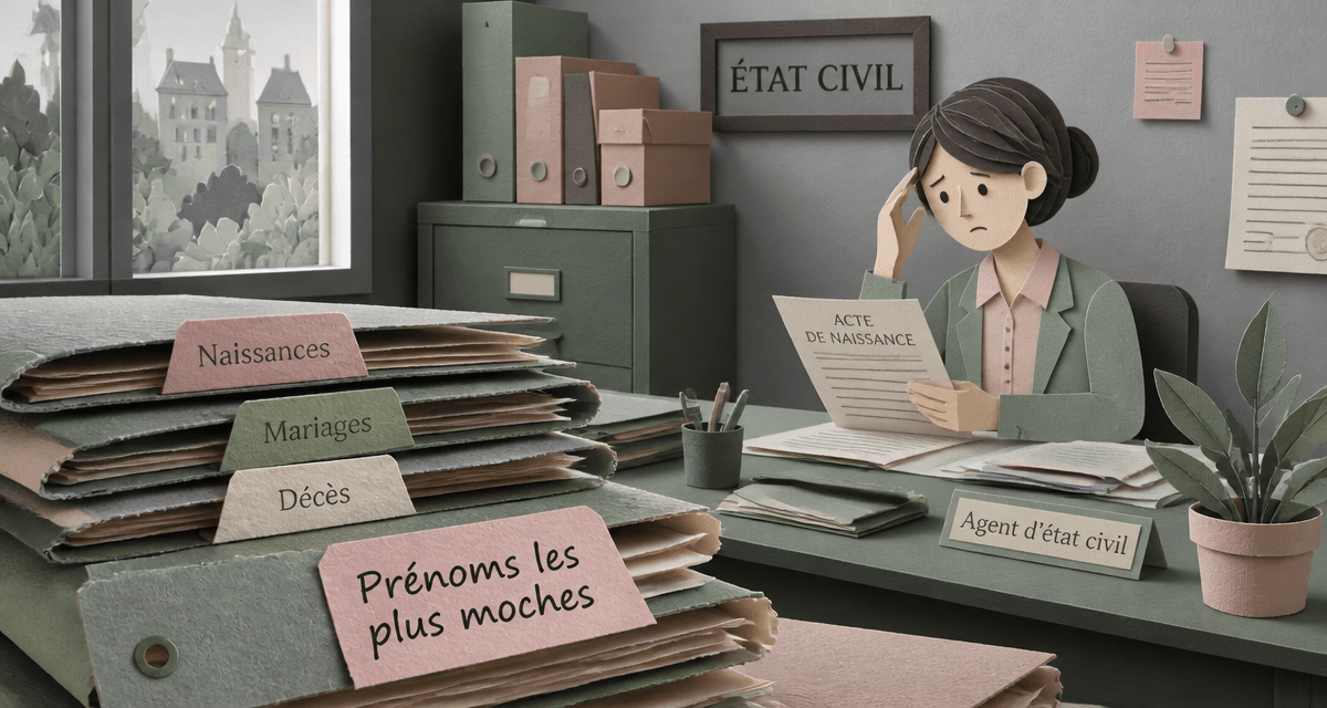 Scène bureau état civil avec dossiers prénoms les plus moches