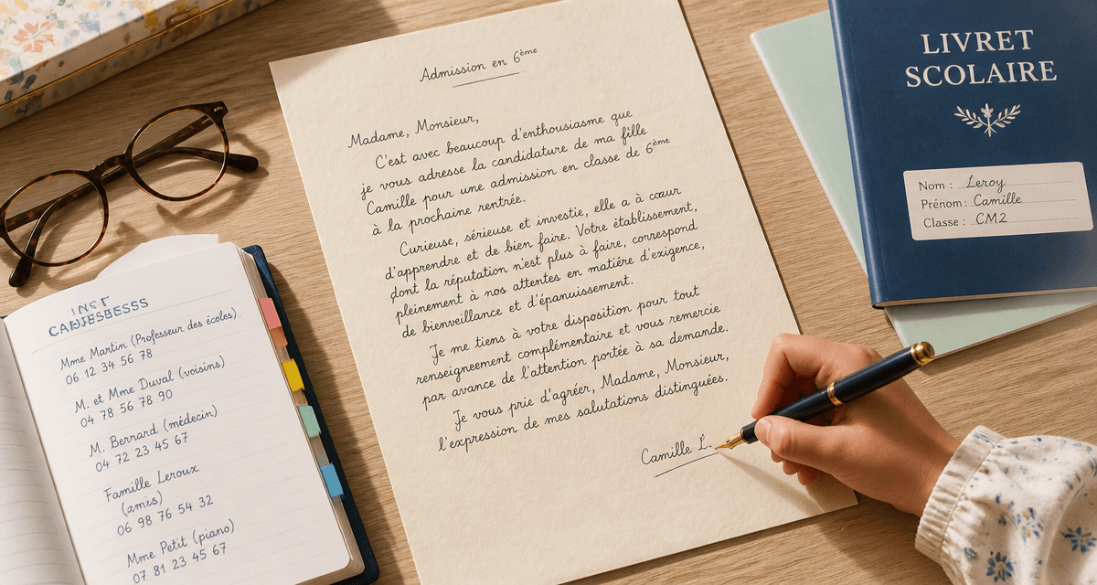Lettre motivation collège privé 6ème manuscrite sur bureau