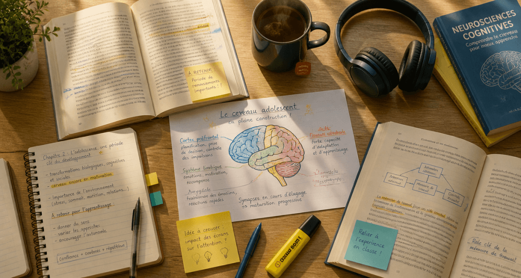 livre adolescence sur table avec schéma cerveau