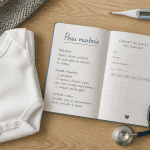 Peau marbrée enfant, carnet de santé et body sur table