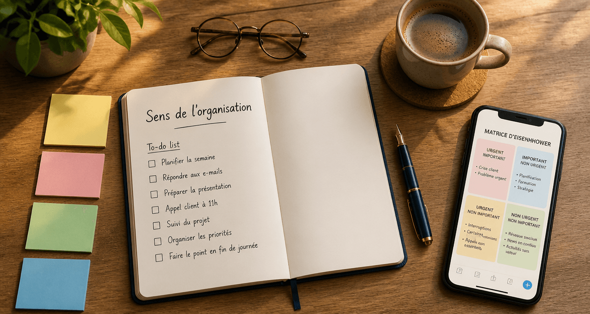 Sens de l organisation : bureau organisé avec to-do list et matrice Eisenhower