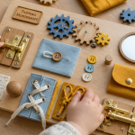 tableau montessori artisanal avec modules et mains d'enfant