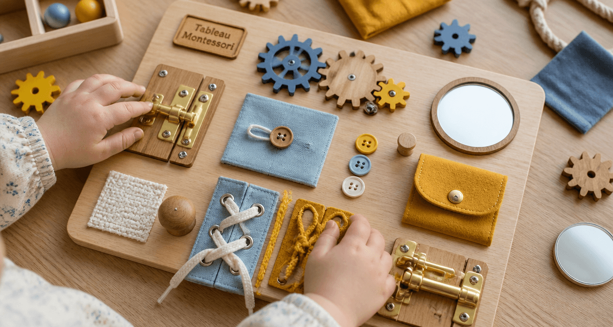 tableau montessori artisanal avec modules et mains d'enfant
