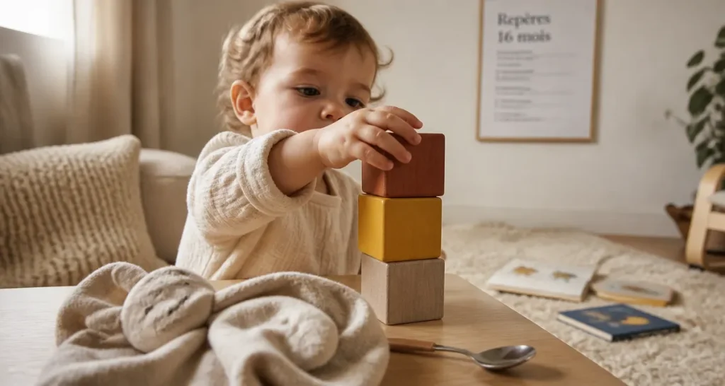 16 mois bebe jouant avec des cubes, repères développement et langage