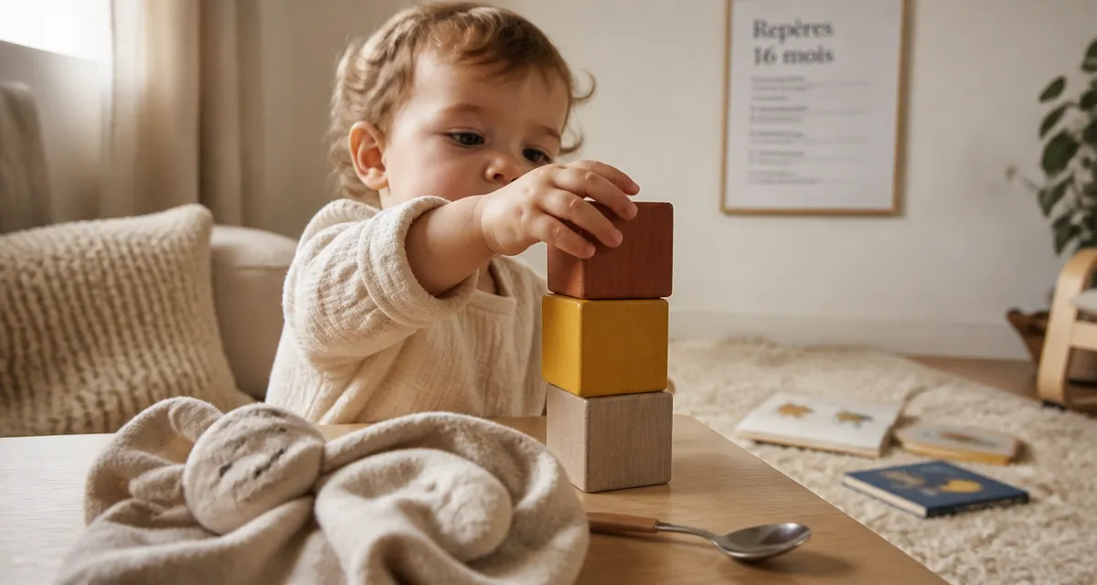 16 mois bebe jouant avec des cubes, repères développement et langage