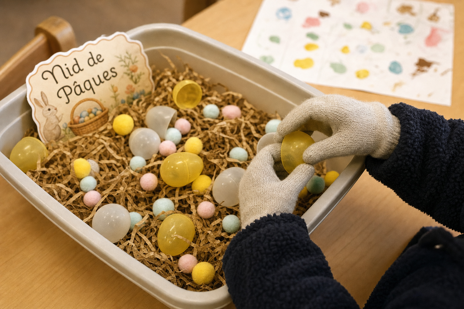Activité creche paques : nid sensoriel de Pâques en crèche, bac et œufs