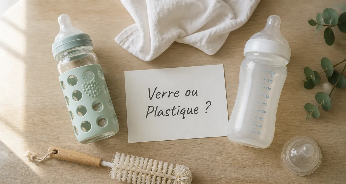 biberon en verre ou en plastique posés côte à côte sur une table