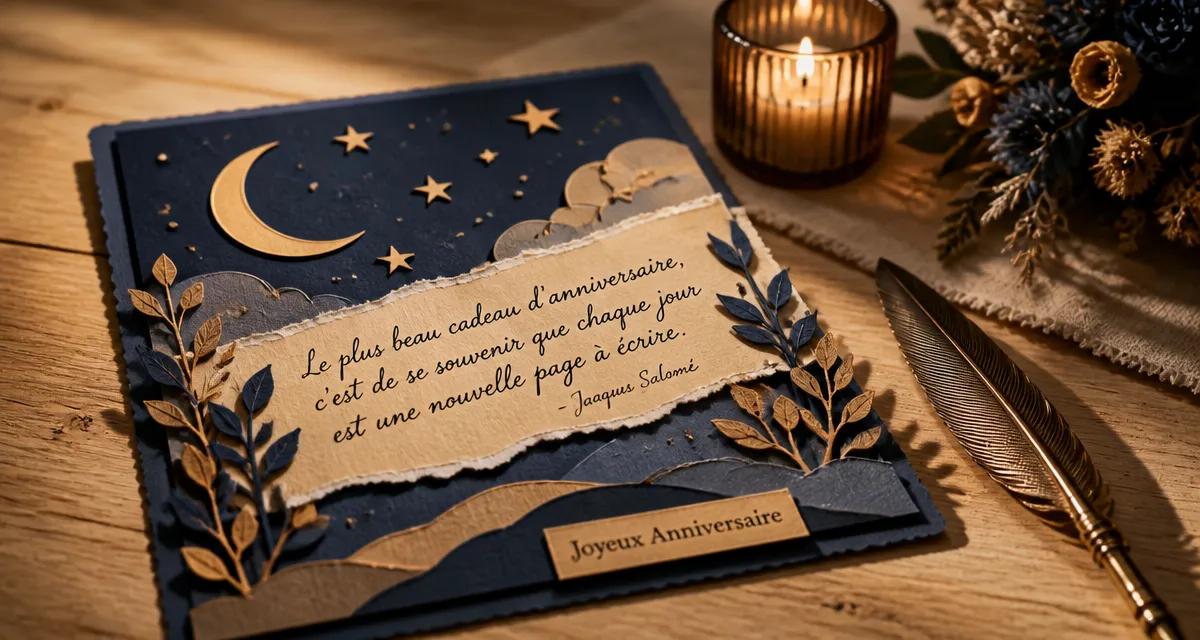 Citation pour un anniversaire sur une carte papier découpé, bougie allumée
