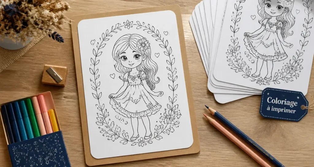 Coloriage à imprimer pdf fille sur feuille A4, crayons et feutres
