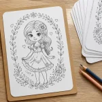 Coloriage à imprimer pdf fille sur feuille A4, crayons et feutres