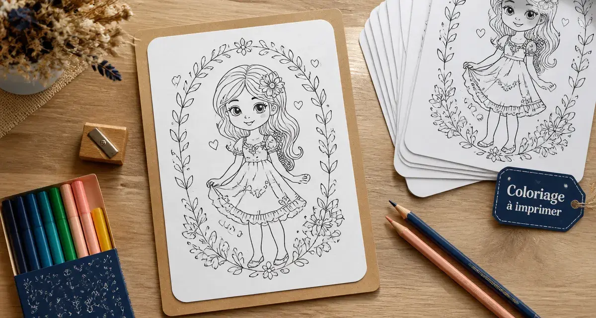 Coloriage à imprimer pdf fille sur feuille A4, crayons et feutres