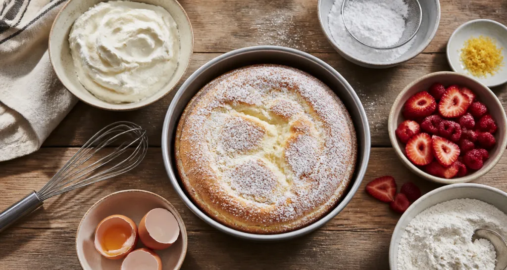 dessert crème fraîche rapide gâteau nuage sur table rustique