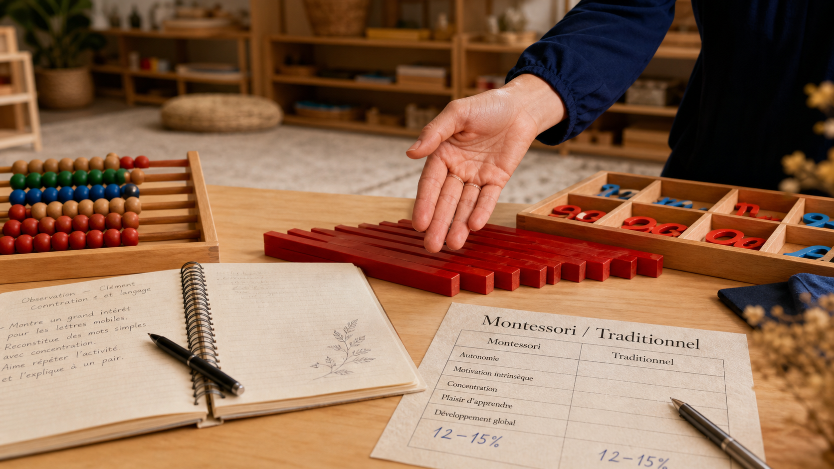 Education montessori scolinfo.net : matériel cognitif sur table Montessori en bois