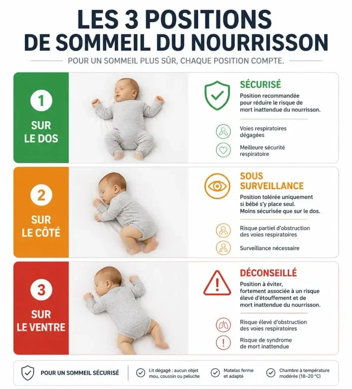 Infographie des positions de sommeil pour bébé : dos, côté et ventre pour prévenir la mort subite du nourrisson