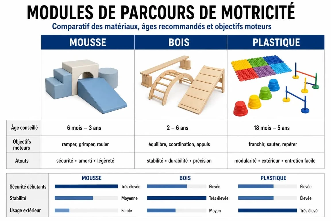 Infographie comparative des modules pour parcours de motricité : mousse, bois et plastique selon l'âge et les objectifs de développement.