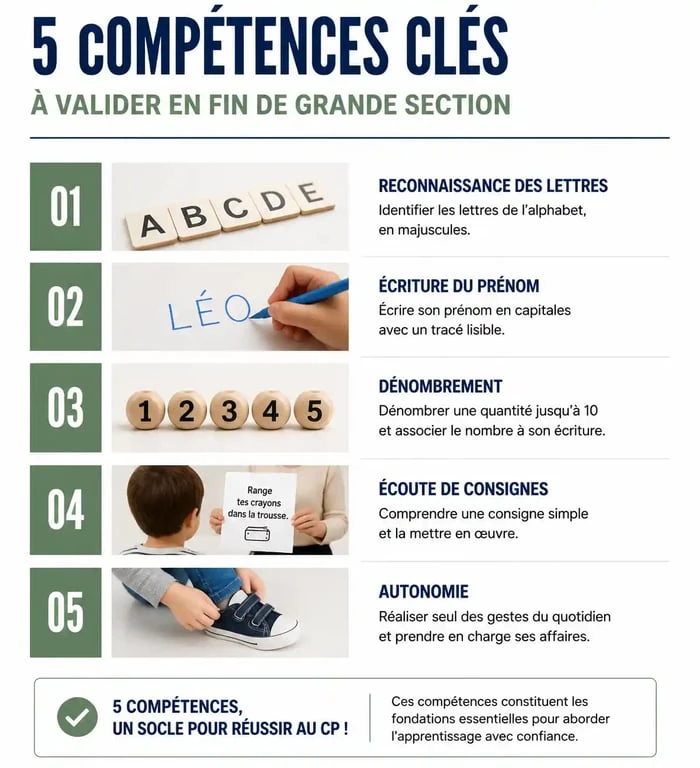 Infographie des compétences clés à valider en grande section avant l'entrée au CP