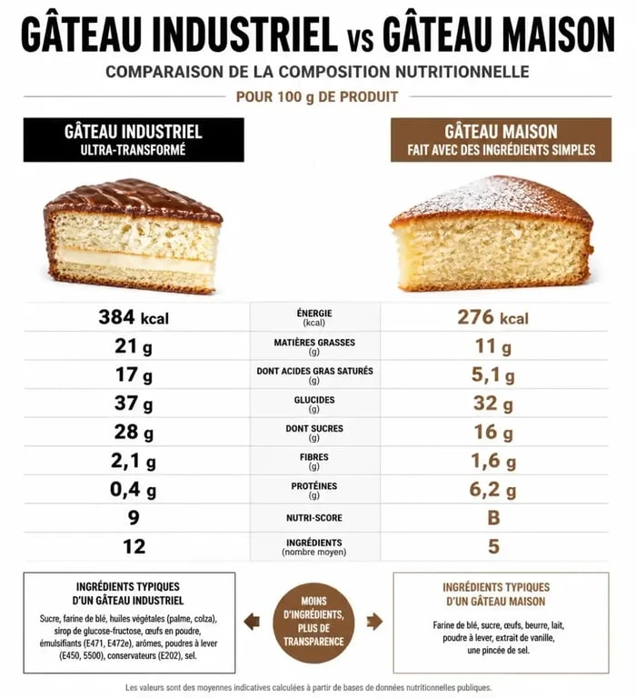 Comparaison nutritionnelle entre un goûter industriel et un gâteau fait maison pour une alimentation saine.