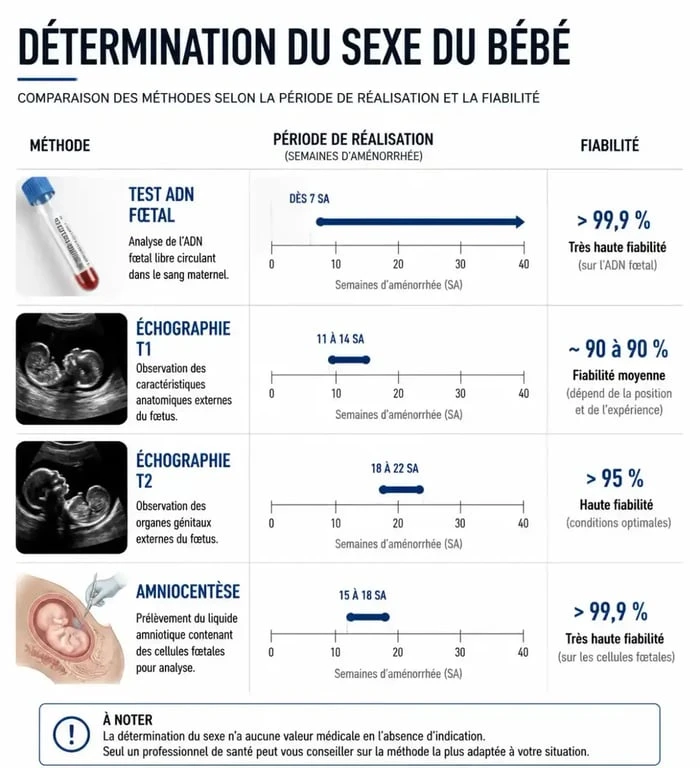 Infographie comparant les méthodes médicales de détermination du sexe du bébé