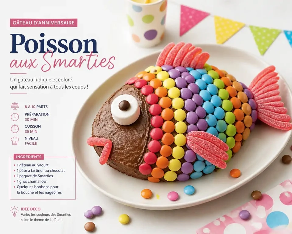 Gâteau rigolo d'anniversaire en forme de poisson décoré de Smarties colorés